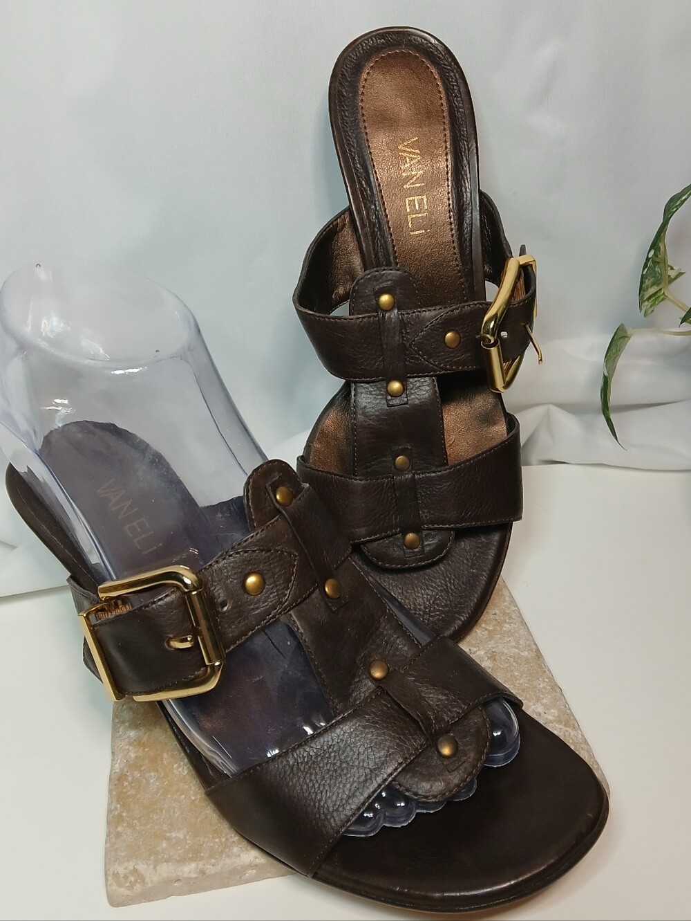 VanEli Brown Leather Slip-On Platform Sandals Gold-tone Adjustable Buckle Strap